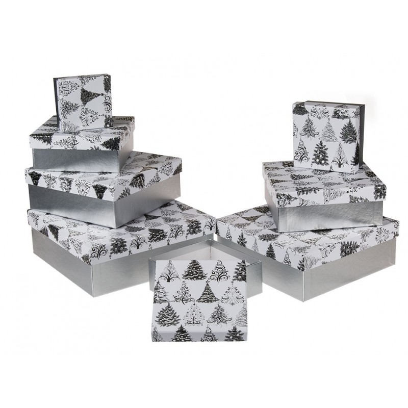 Set of 8 Gift Boxes Silver Trees