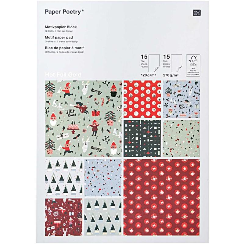 Pad w/ 30 Decorated Cardboard Paper Sheets Jolly Christmas Classic